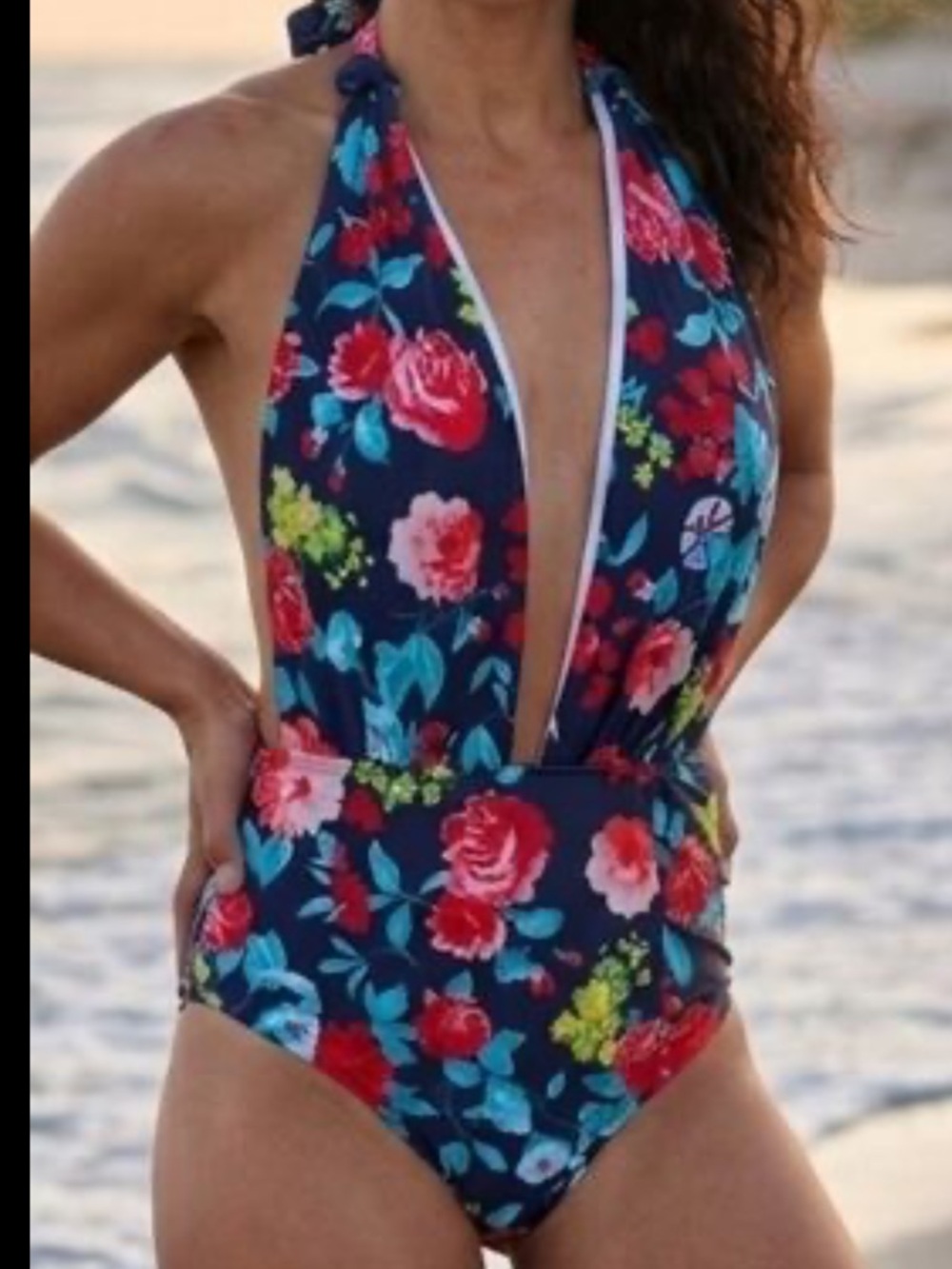 COCOSHIP Navy Floral Deep Plunge Swimsuit with Teal & Coral Accents